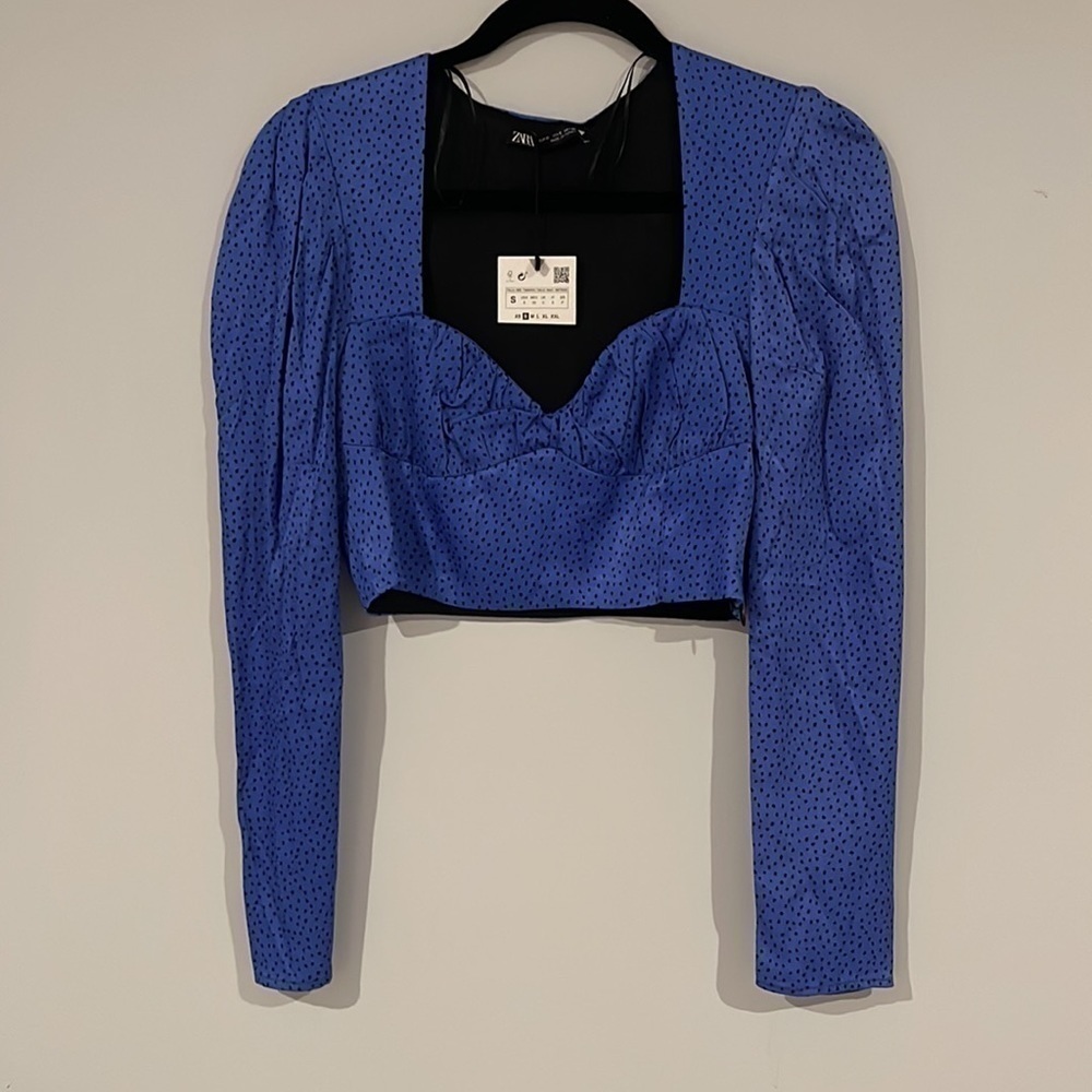 Zara Satin Blue Dot Cropped Long Sleeve Top ✨ - Picture 10 of 12